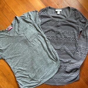 Maternity Gray Patterned Long Sleeve and Solid Tee Set